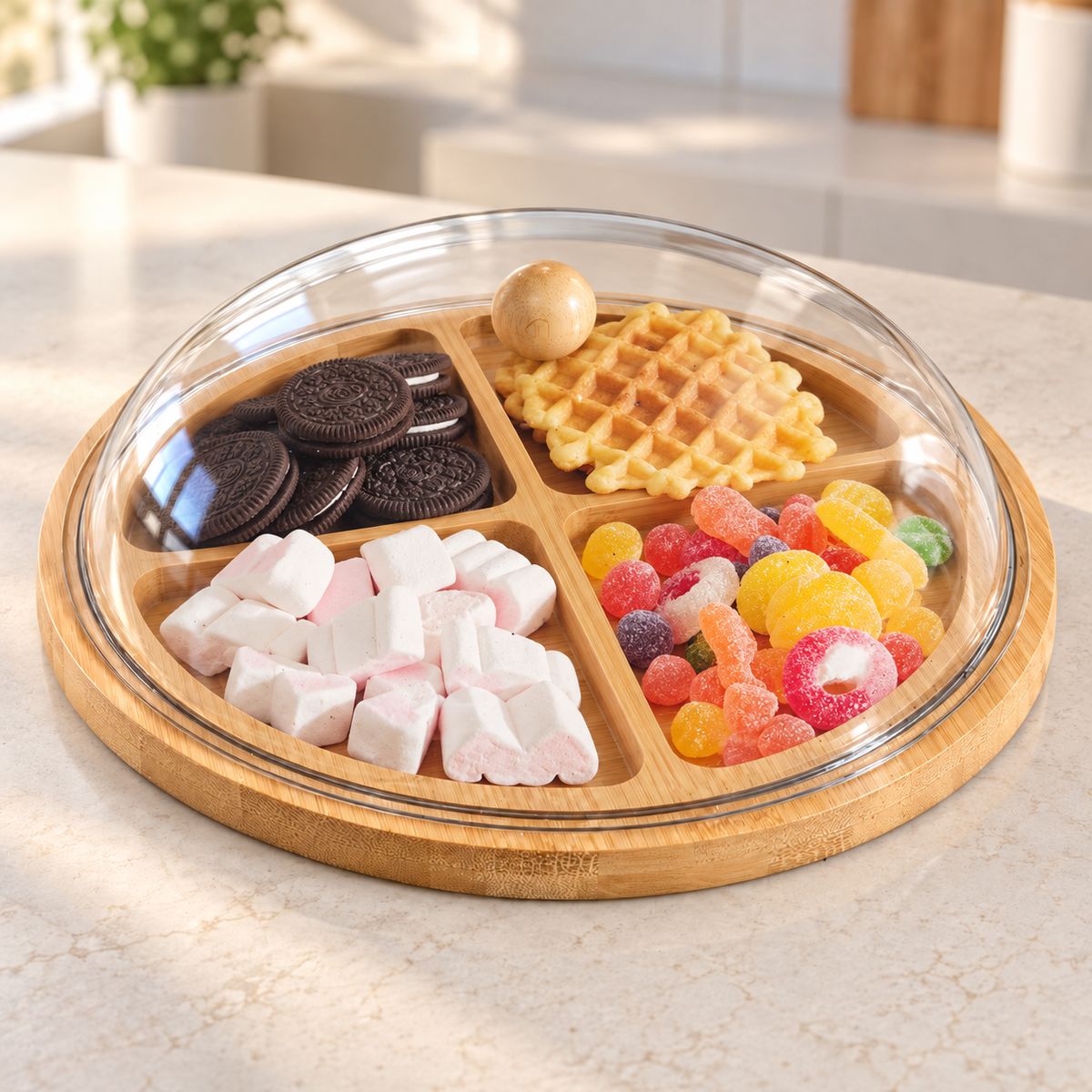Bamboo Snack Serving Tray with Clear Cove
