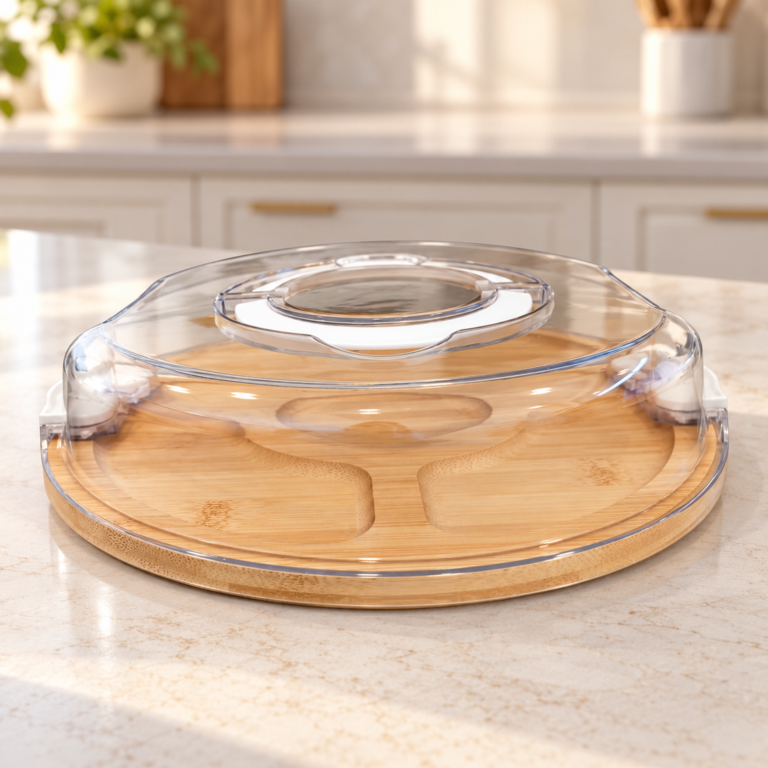 Bamboo Snack Serving Tray with Locking Clear Cove