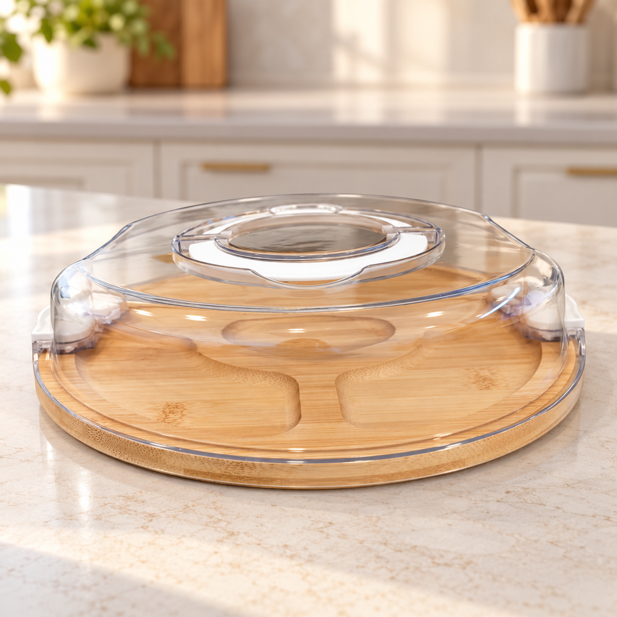 Bamboo Snack Serving Tray with Locking Clear Cove
