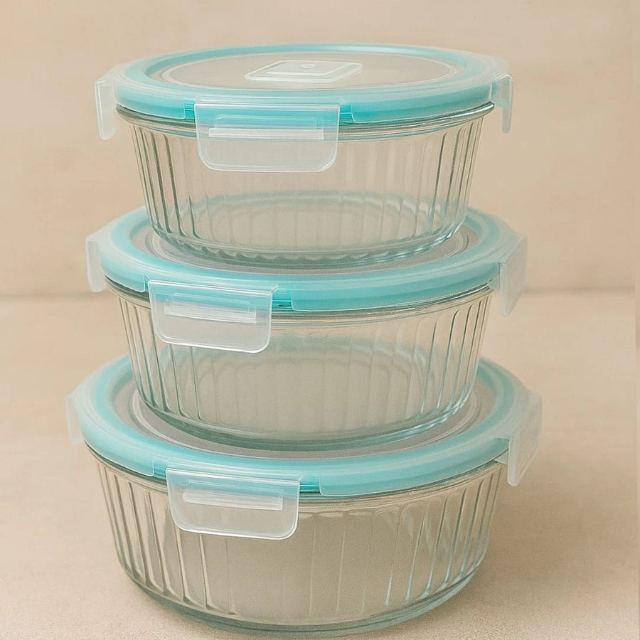 3 Piece Round Glass Food Container Set Food Storage Bowls with Lids for Kitchen Pantry Refrigerator and Meal Prep
