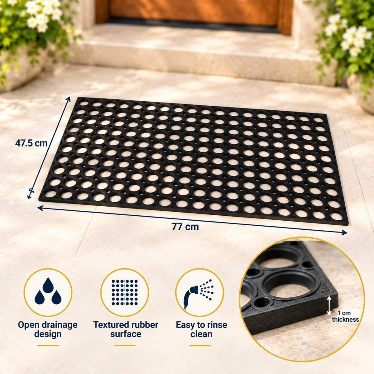Non Slip Rubber Drainage Door Mat with Raised Texture 77 × 47.5 cm
