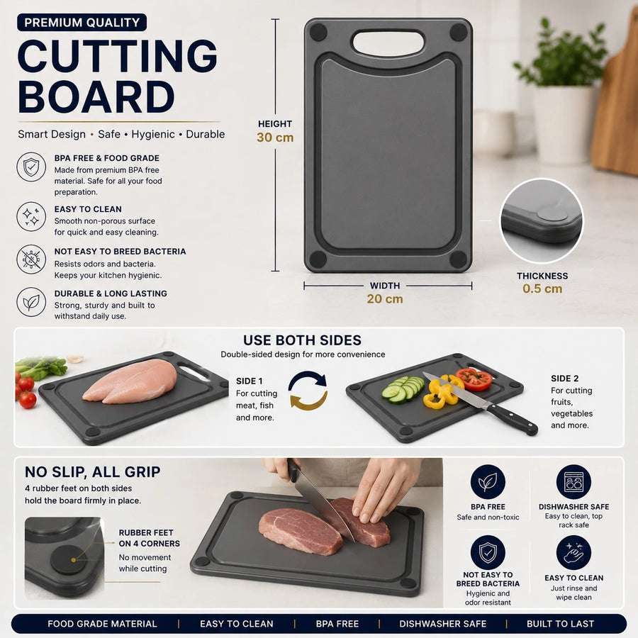 Medium Cutting Board Double Sided Non Slip Kitchen Chopping Board BPA Free Dishwasher Safe Gray 35 × 24 cm