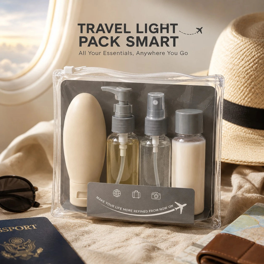 Travel Toiletry Bottle Set 4 Pieces Refillable Silicone Squeeze Spray Pump Flip Cap Bottles with Clear Travel Bag