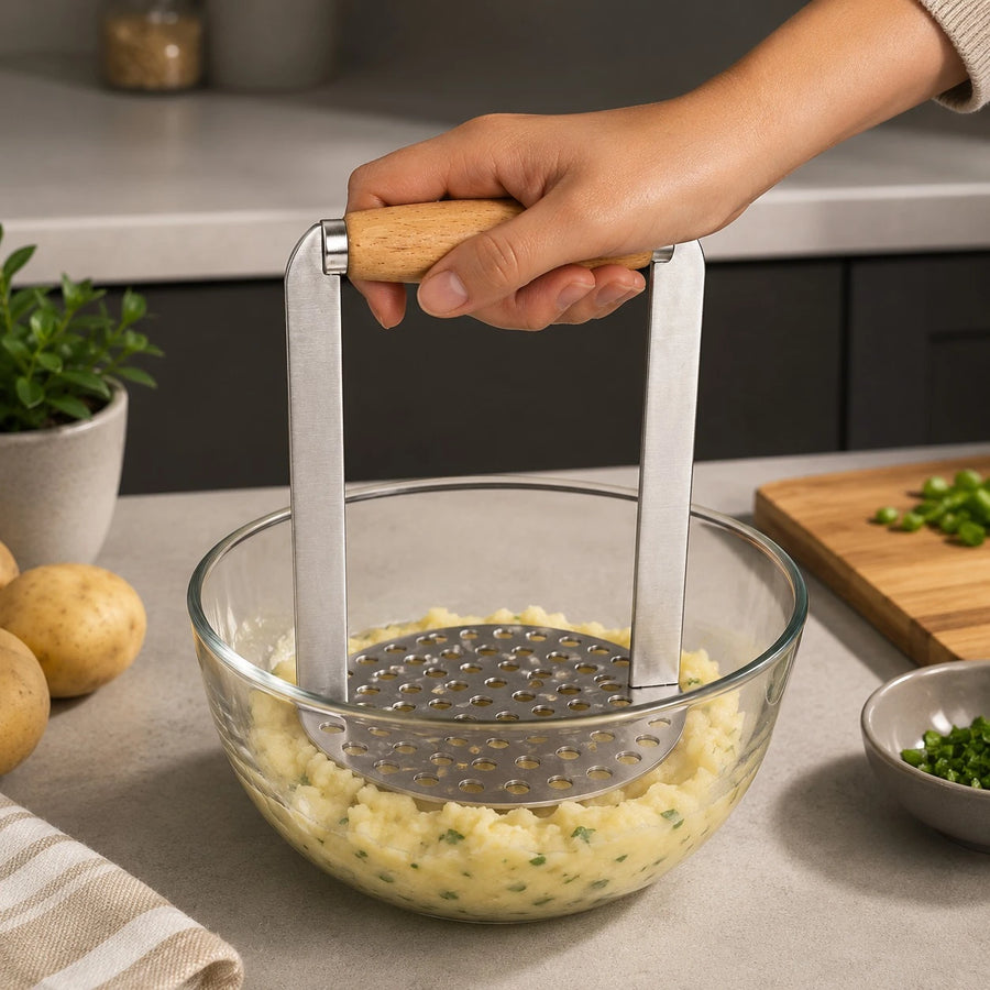 Heavy Duty Stainless Steel Potato Masher Vegetable Fruit Avocado Kitchen Press With Wooden Handle