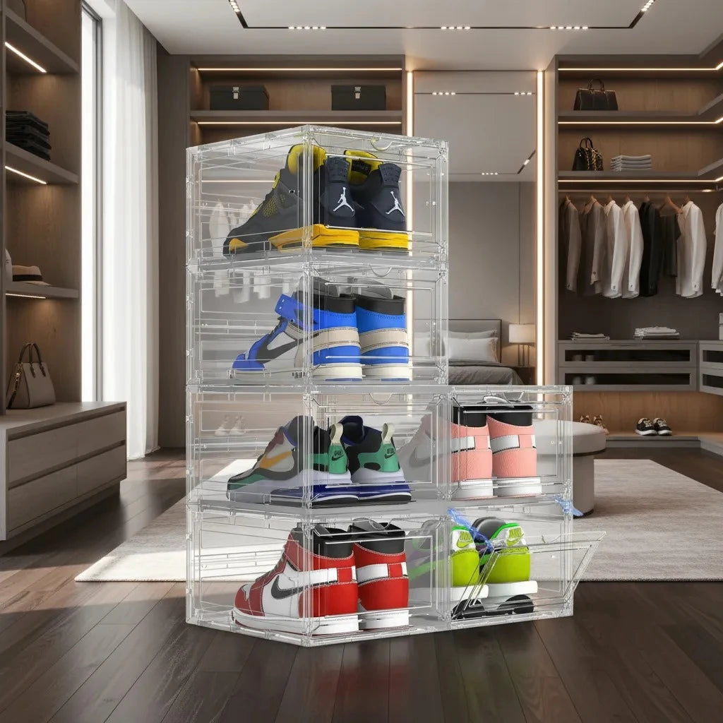 Transparent Stackable Shoe Storage Box with Front Door – Large Clear Shoe Organizer, Dustproof Closet Sneaker Box