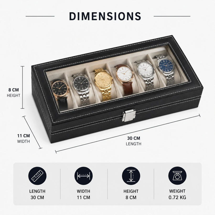 6 Slot Watch Storage Box Watch Organizer Display Case PU Leather Glass Top Luxury Watch Holder Collector Box
