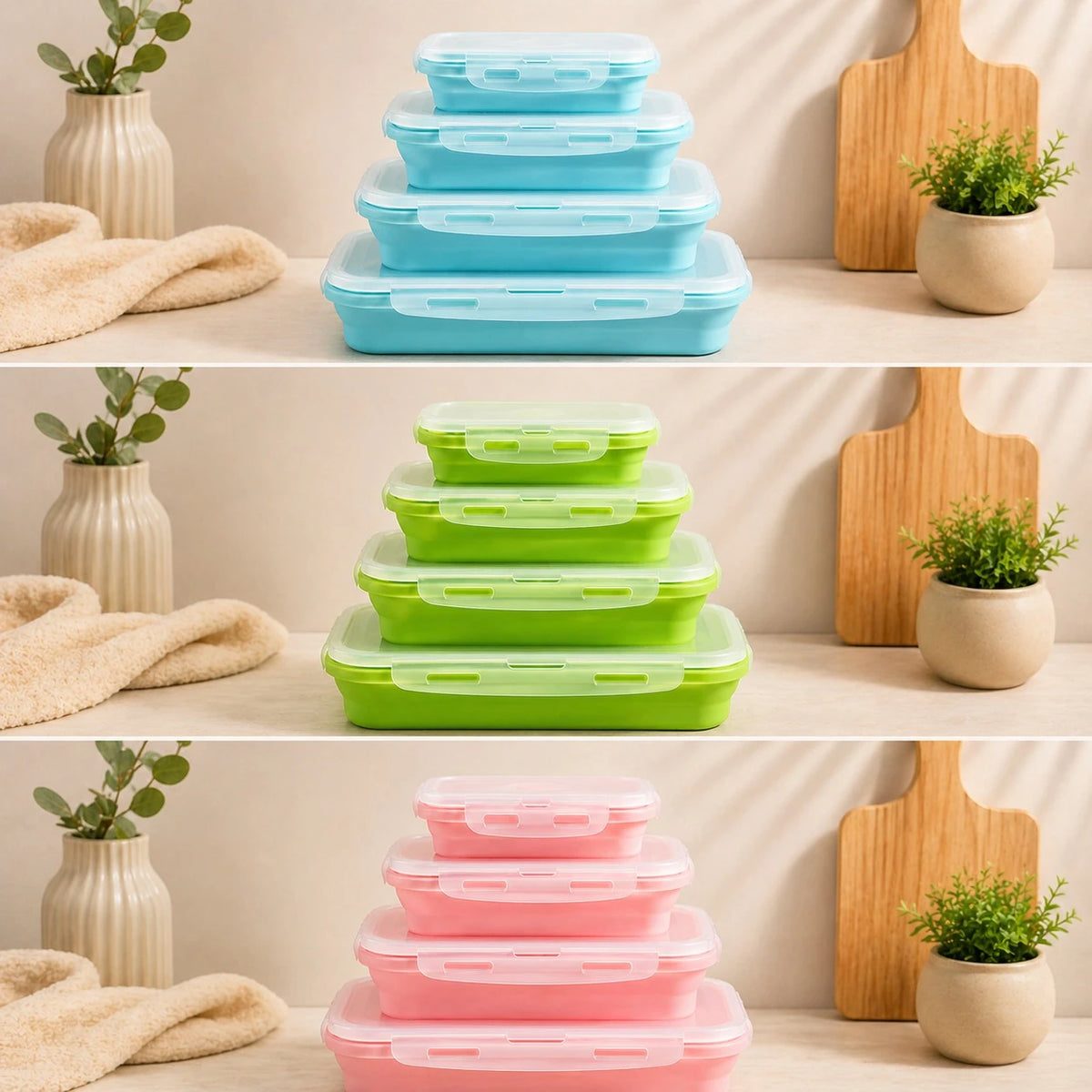 Collapsible Silicone Food Storage Containers Set 4 Pieces BPA Free Microwave Safe Foldable Lunch Boxes - Image 4