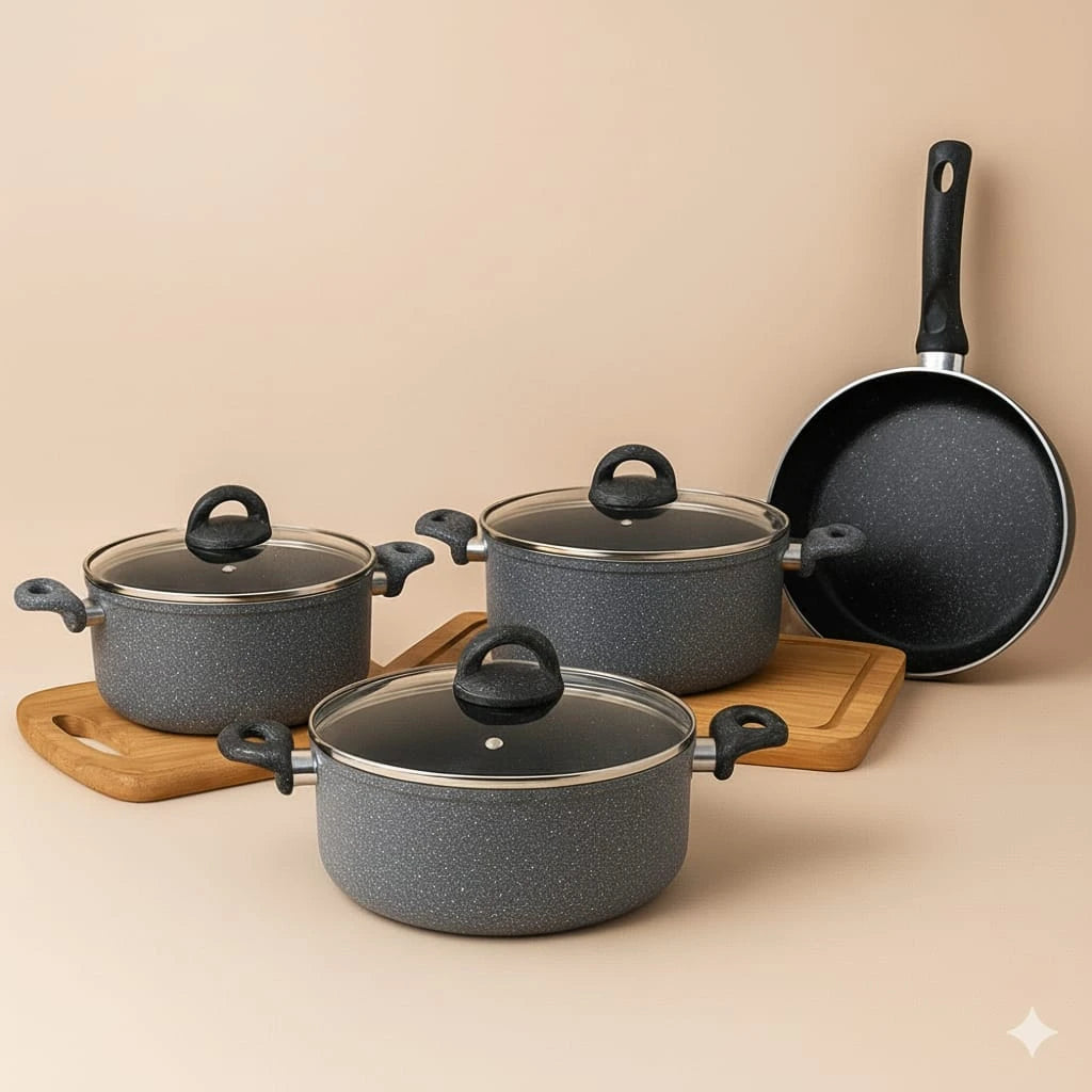 7 Pieces Non Stick Granite Effect Cookware Set Cooking Pots Frying Pan Glass Lids Kitchen Cookware