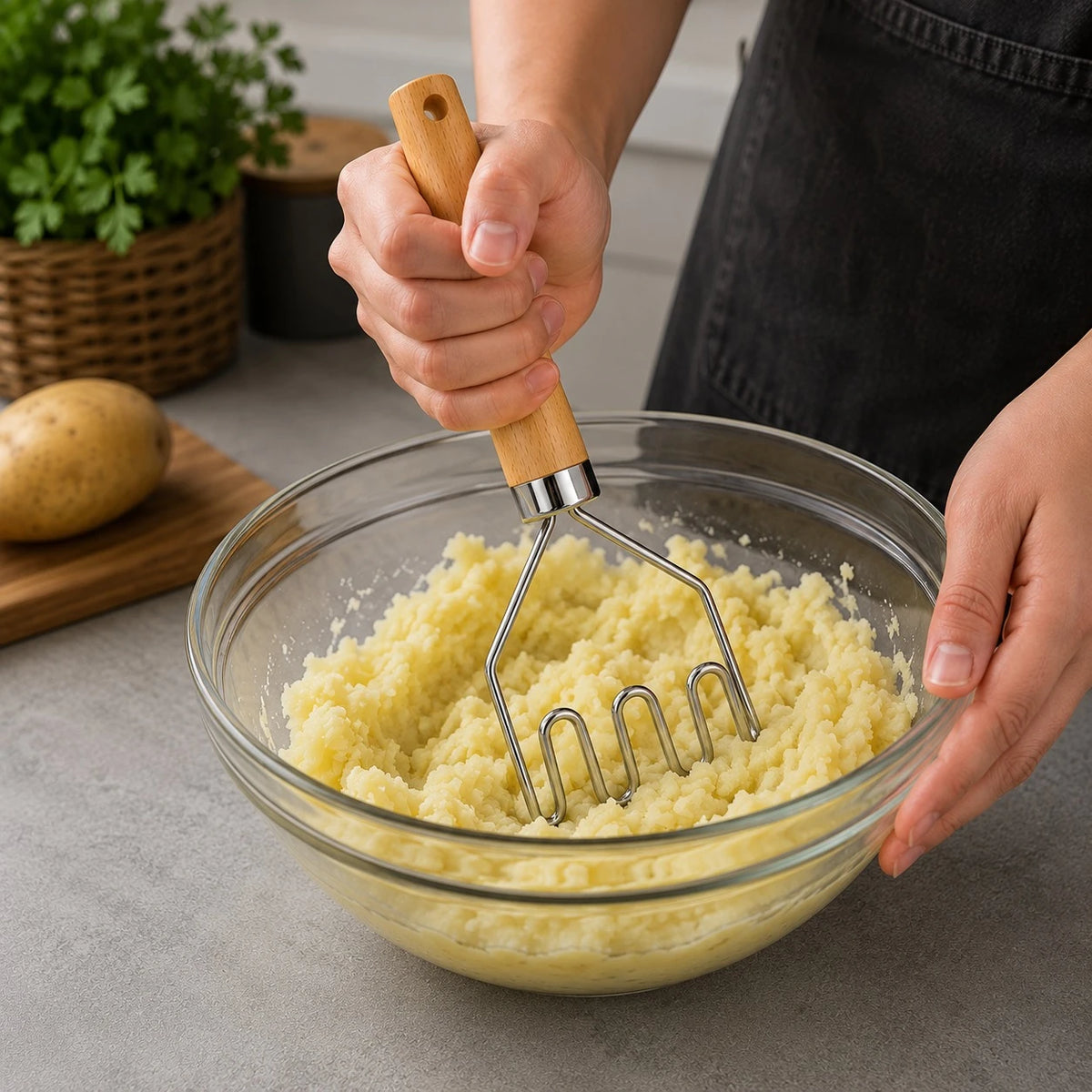 Adawat Potato Masher Stainless Steel Wooden Handle Kitchen Masher Vegetable Masher Cooking Tool