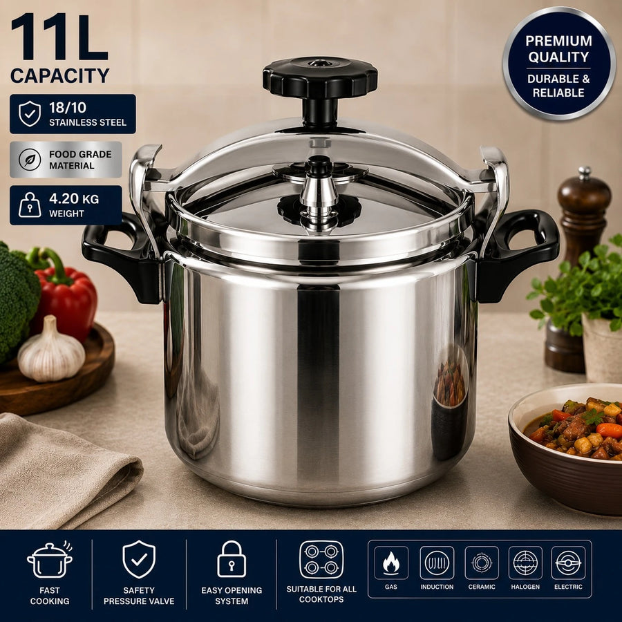 Pressure Cooker 11 Liter Stainless Steel Fast Cooking Pot Easy Opening Safety Valve Induction Gas Kitchen Cookware Heavy Duty Family Cooking Pot