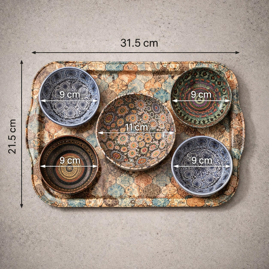Turkish Serving Tray Set Metal Tray Ottoman Mosaic Mandala Design Coffee Tea Snack Set With 4 Bowls Decorative Serving Tray