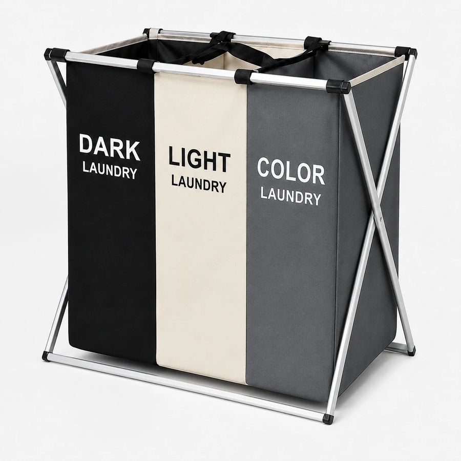 Triple Compartment Dark Light Color Laundry Basket Foldable Oxford Cloth Clothes Hamper Organizer
