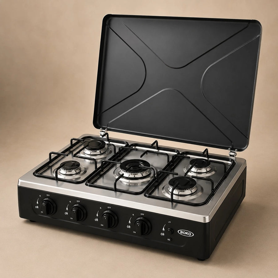 BOKO Gas Stove With Stand 5 Burner Freestanding Cooker Storage Shelf Kitchen Stove LPG Cooker