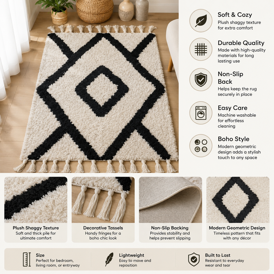 Boho Shaggy Tassel Rug with Black Geometric Pattern Soft Decorative Area Rug