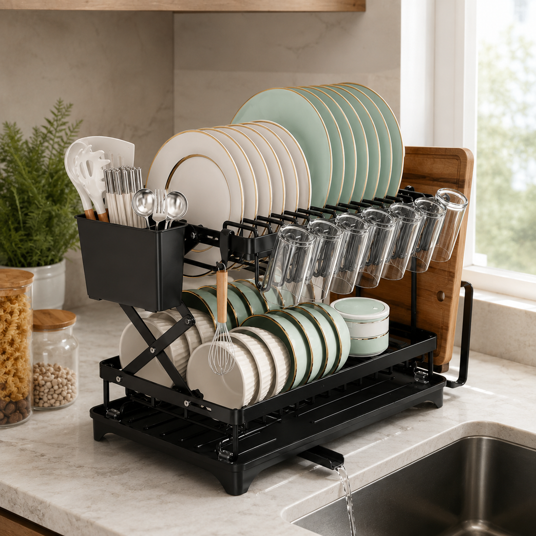 2-Tier Dish Drying Rack with Drain Tray Large Capacity Kitchen Dish Rack