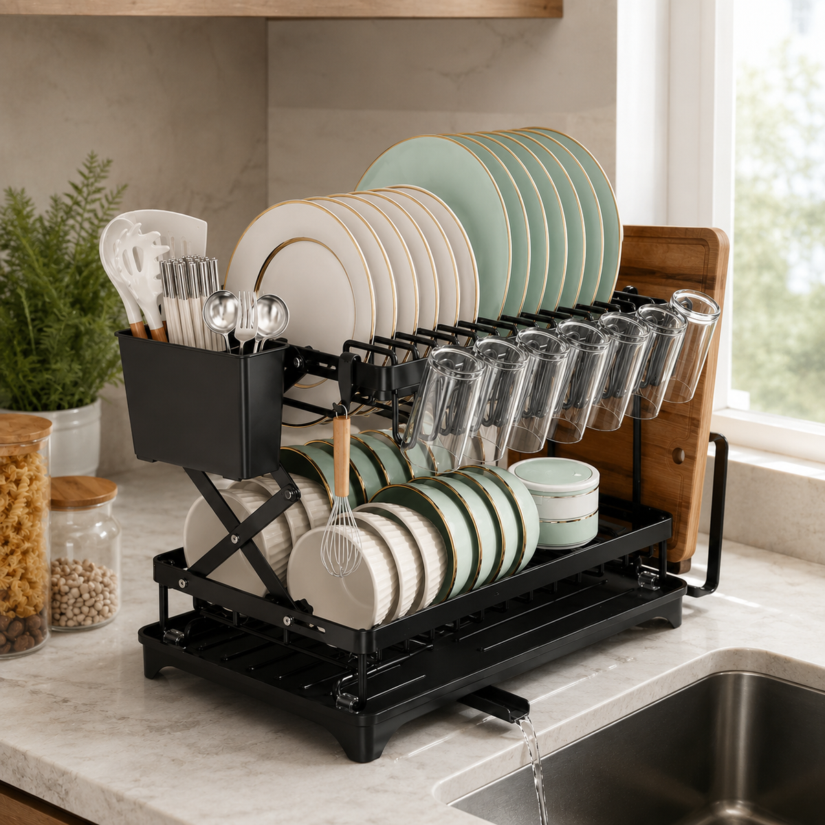 2-Tier Dish Drying Rack with Drain Tray Large Capacity Kitchen Dish Rack