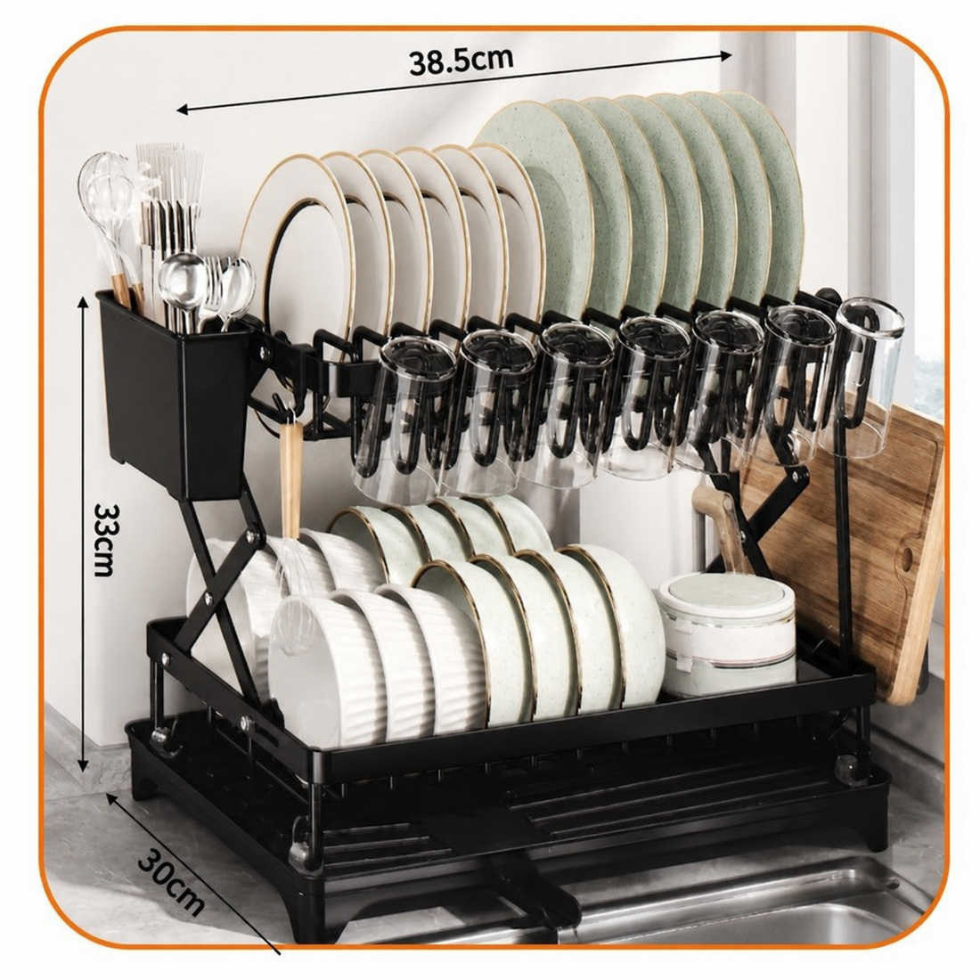 2-Tier Dish Drying Rack with Drain Tray Large Capacity Kitchen Dish Rack