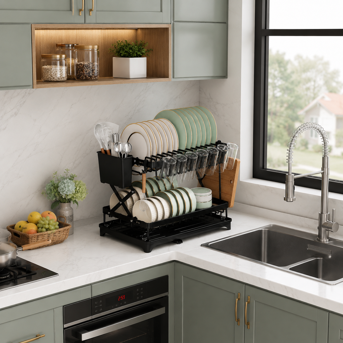 2-Tier Dish Drying Rack with Drain Tray Large Capacity Kitchen Dish Rack