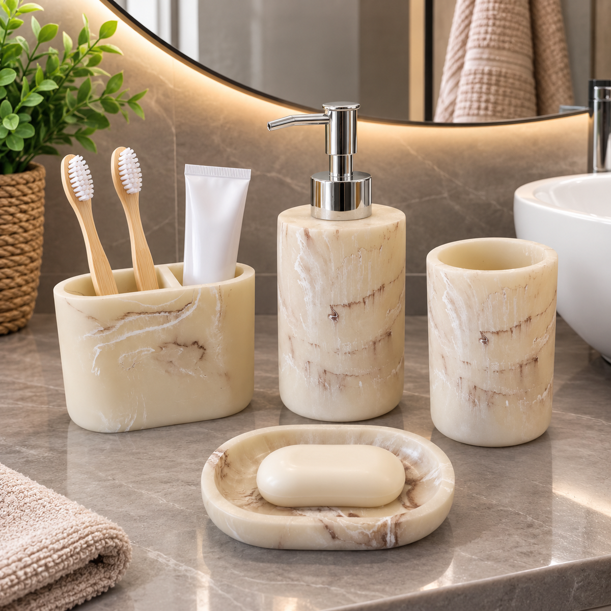 4 Piece Marble Effect Bathroom Accessories Set with Soap Dispenser, Toothbrush Holder, Tumbler & Soap Dish