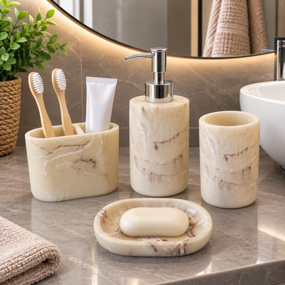 4 Piece Marble Effect Bathroom Accessories Set with Soap Dispenser, Toothbrush Holder, Tumbler & Soap Dish