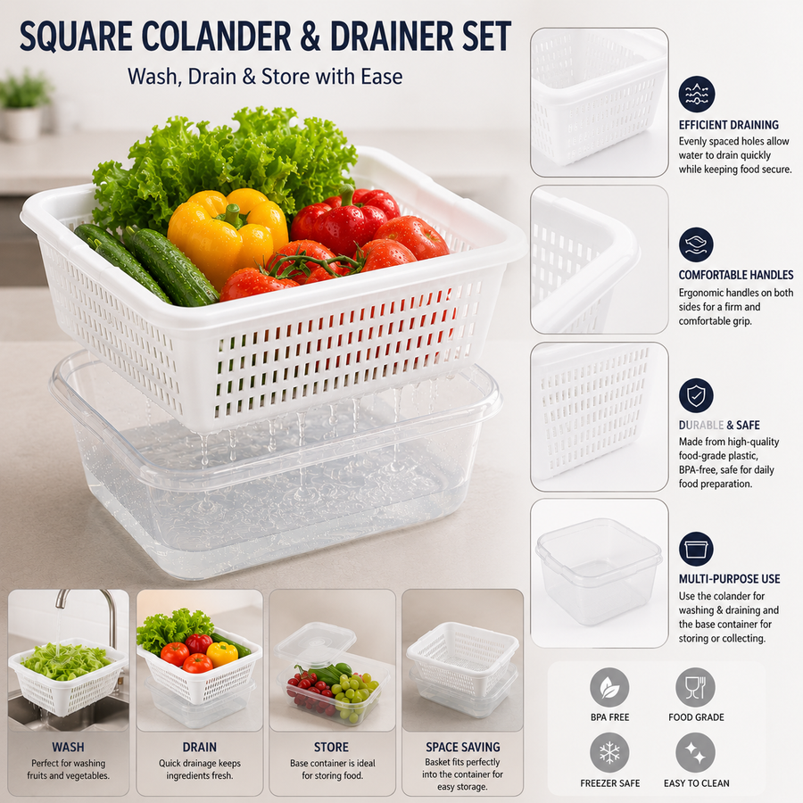 Square strainer & Drainer Set with Storage Container for Fruits & Vegetables