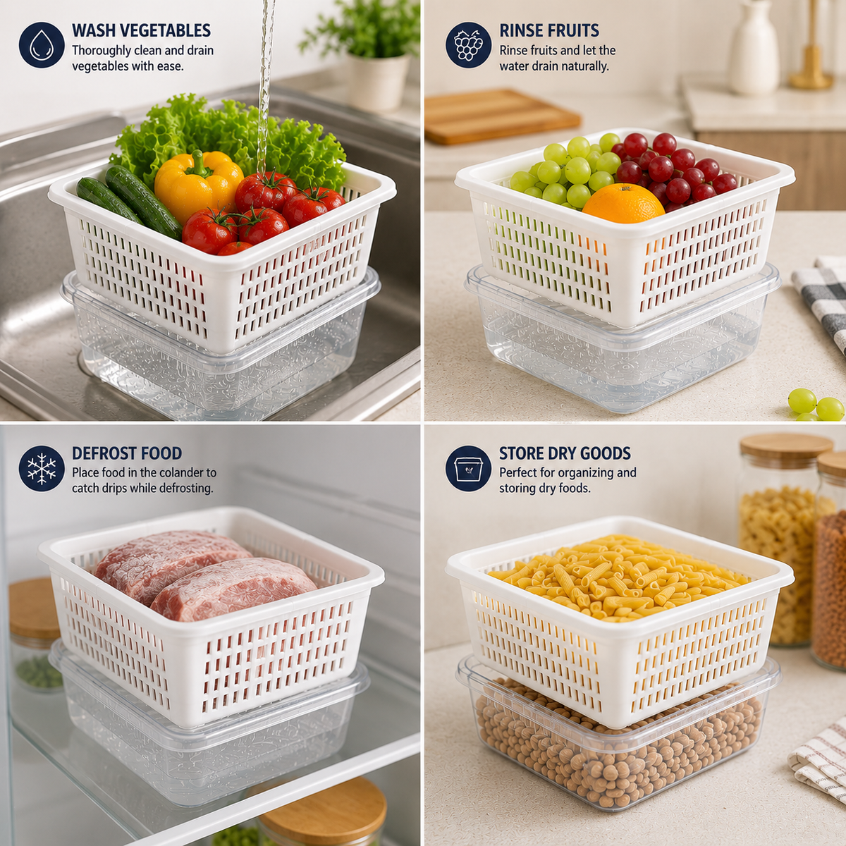 Square strainer & Drainer Set with Storage Container for Fruits & Vegetables