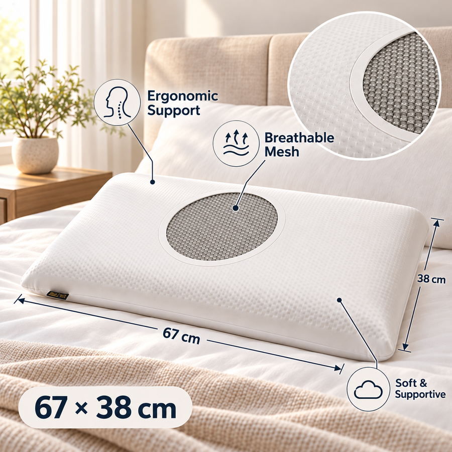 Ergonomic Pillow with Breathable Mesh Panel 67 × 38 cm
