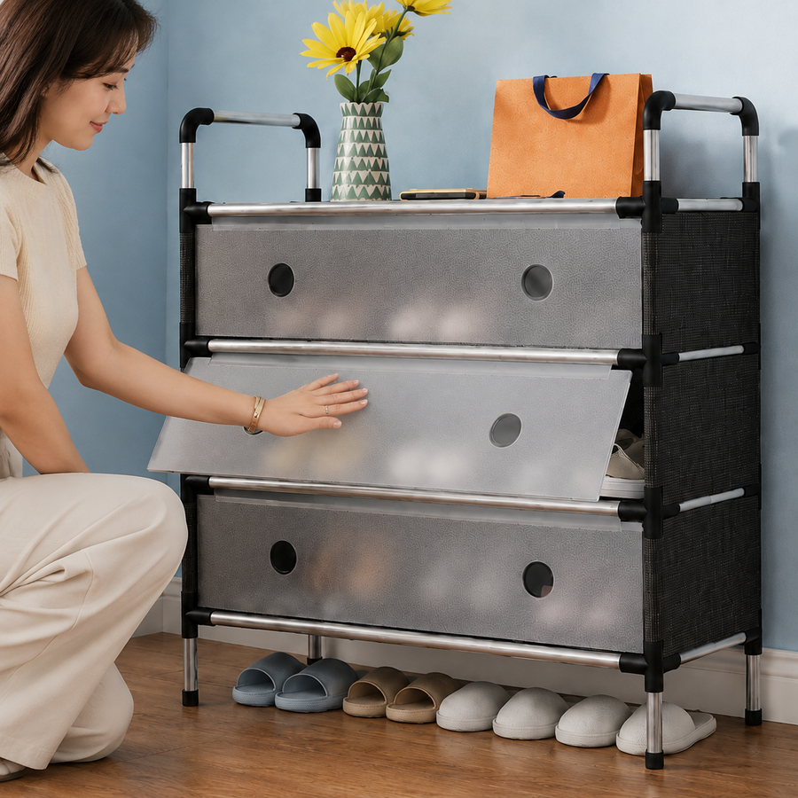 3 Tier Fabric Shoe Cabinet with Flip Covers
