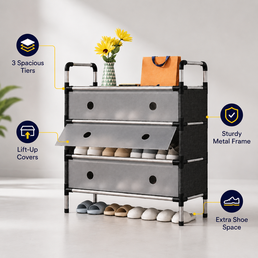 3 Tier Fabric Shoe Cabinet with Flip Covers