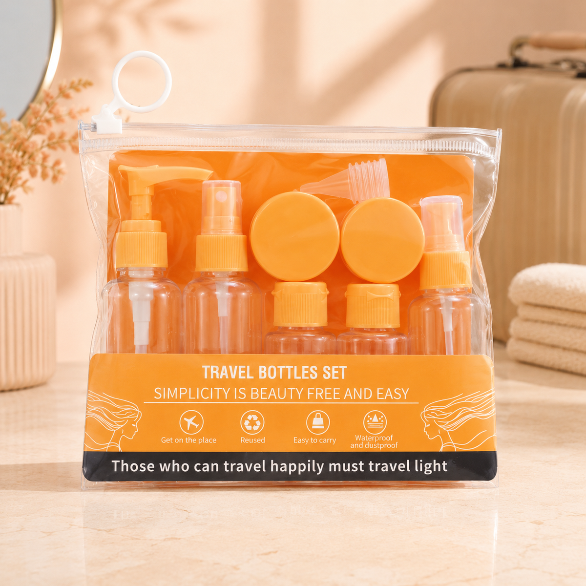 Travel Toiletry Bottles & Containers Set with Clear Carry Orange Pouch