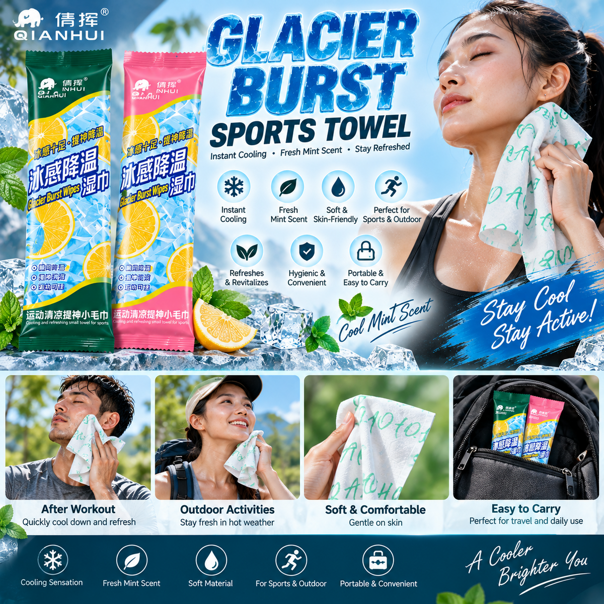 Cooling Refreshing Sports Wet Wipes Pack of 10