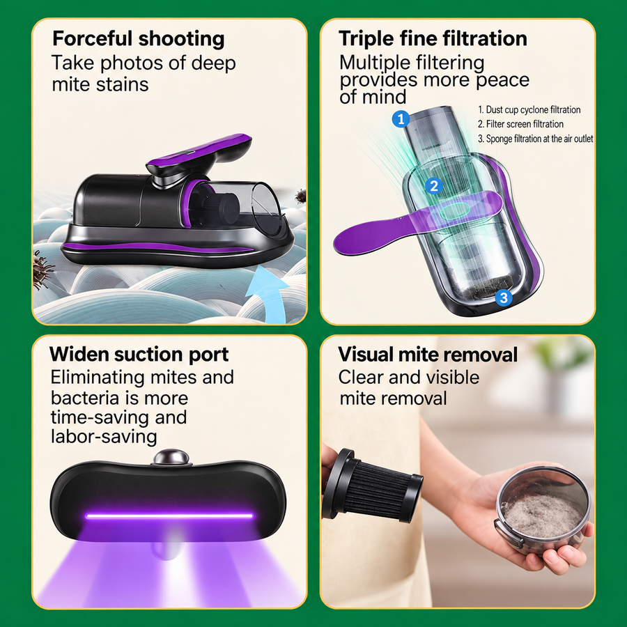 Rechargeable Mite Remover with Dual-Speed Suction and Triple Filtration