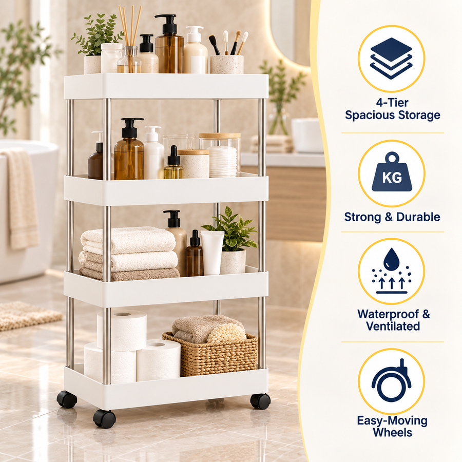 4 Tier Slim Rolling Bathroom Storage Rack