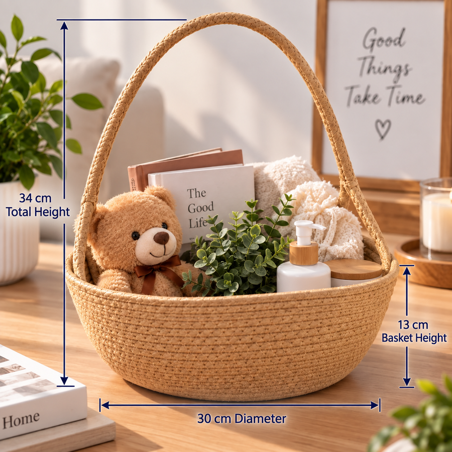 Woven Rope Basket with Long Handle for Home Storage & Organization