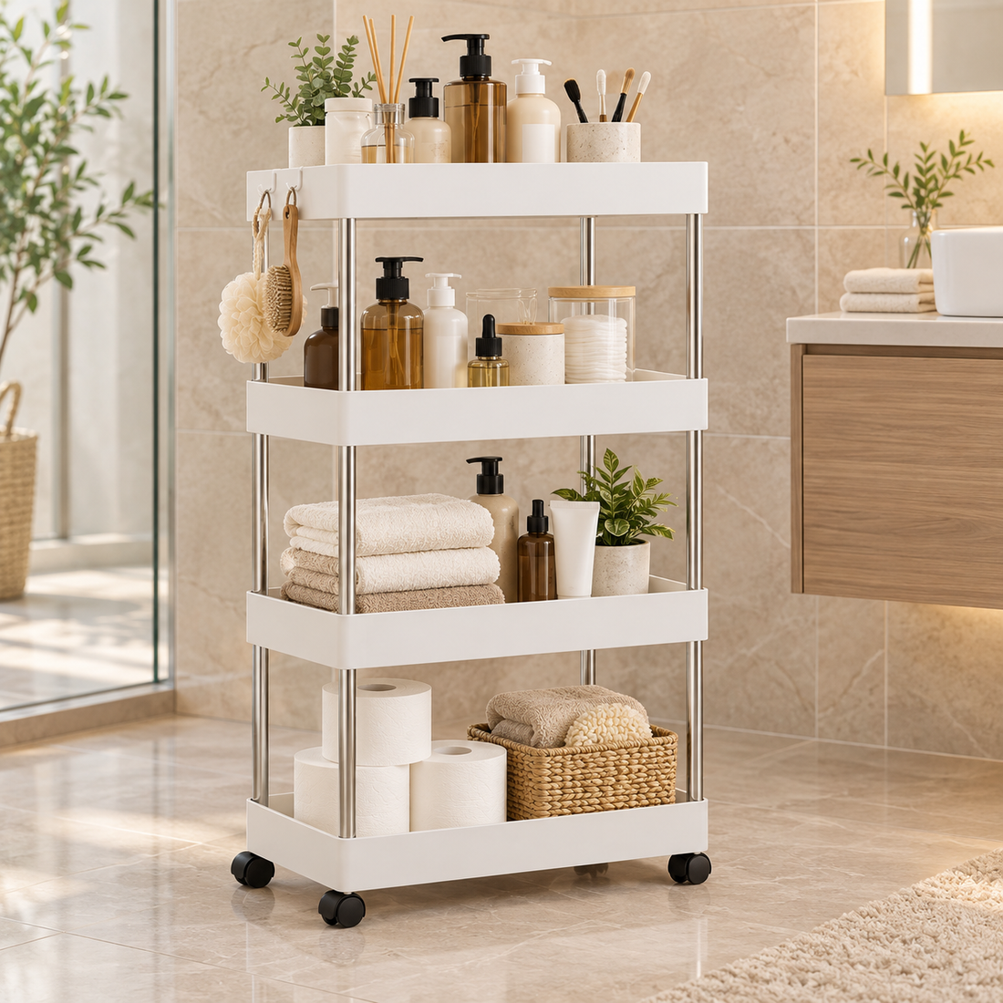 4 Tier Slim Rolling Bathroom Storage Rack
