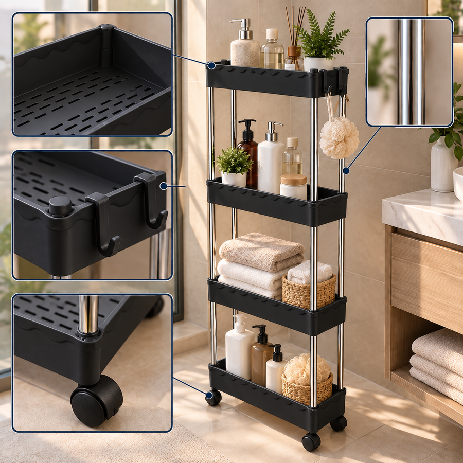 4 Tier Slim Rolling Bathroom Storage Rack