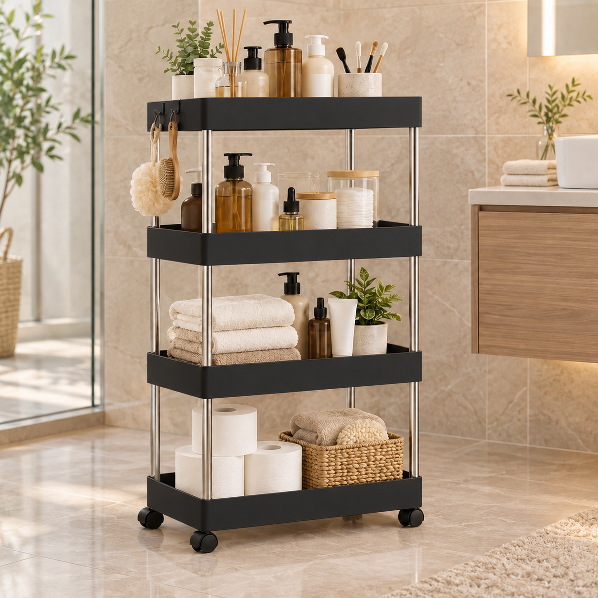 4 Tier Slim Rolling Bathroom Storage Rack