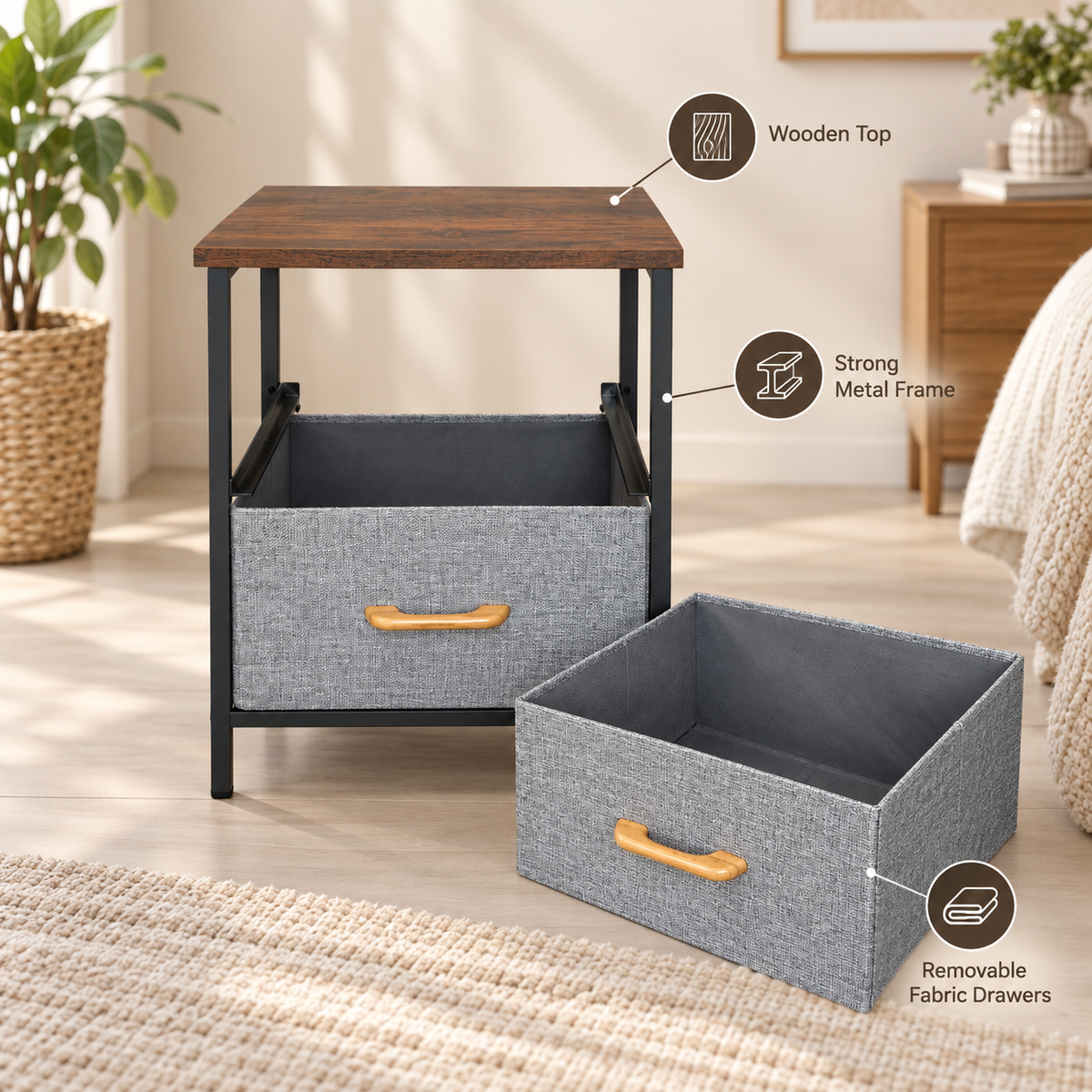 2 Drawer Fabric Storage Nightstand