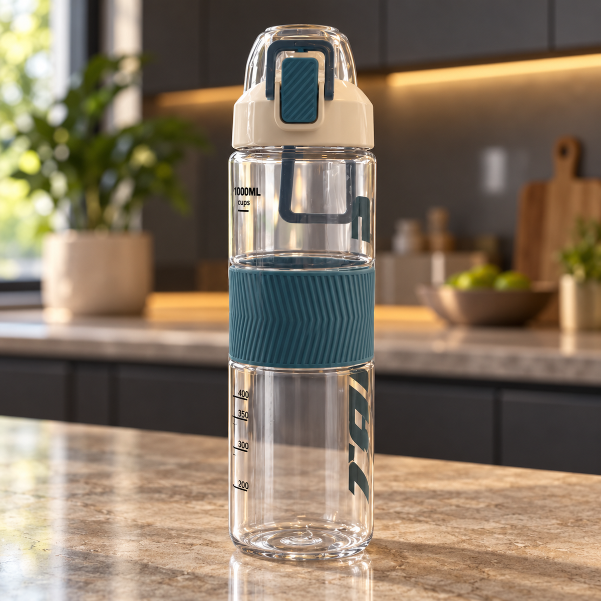 Large Capacity Sports Bottle with Locking Lid Handle and Textured Grip