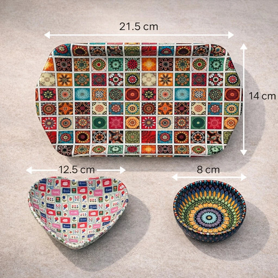 Turkish Metal Serving Tray Set Heart Bowl Saucer Mandala Mosaic Design Coffee Sweet Serving Set Assorted