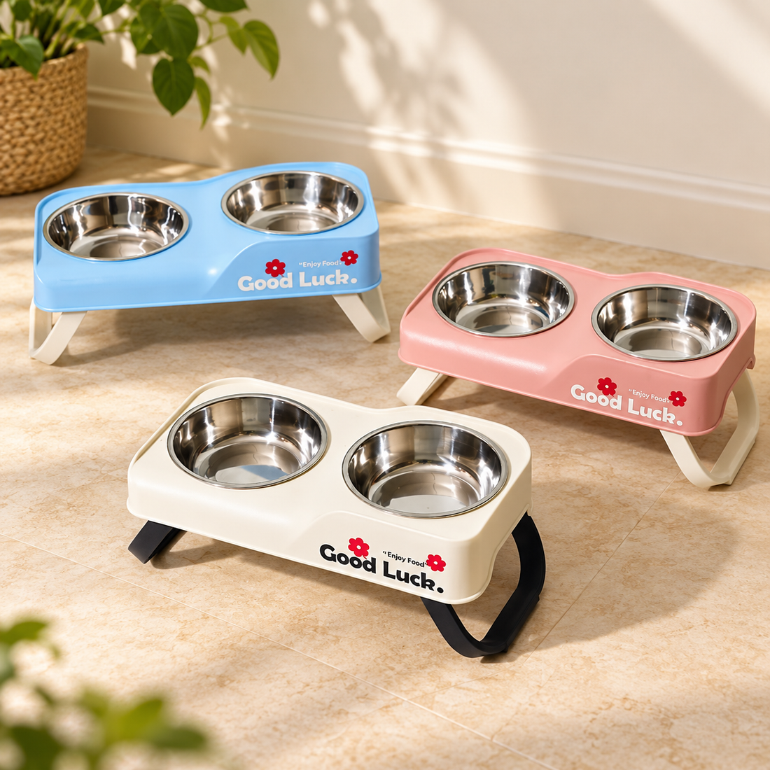 Double Stainless Steel Pet Bowls with Convertible Raised Stand