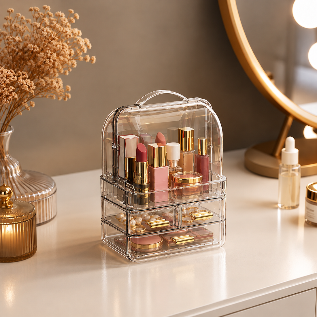Small Makeup Cosmetic Organizer with Dustproof Cover Drawers