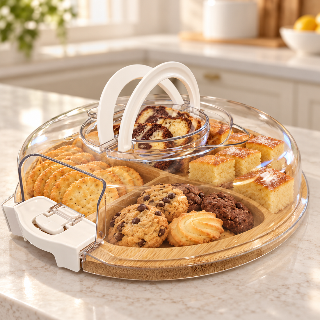 Bamboo Snack Serving Tray with Locking Clear Cove