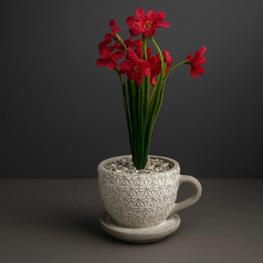 Artificial Fuchsia Pink Blossom in Textured Cup Pot – 25 cm