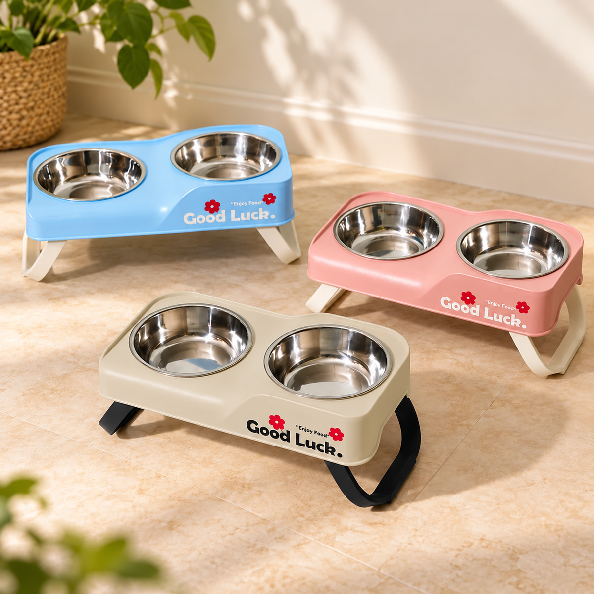 Double Stainless Steel Pet Bowls with Convertible Raised Stand