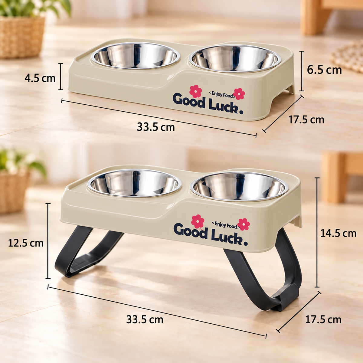Double Stainless Steel Pet Bowls with Convertible Raised Stand