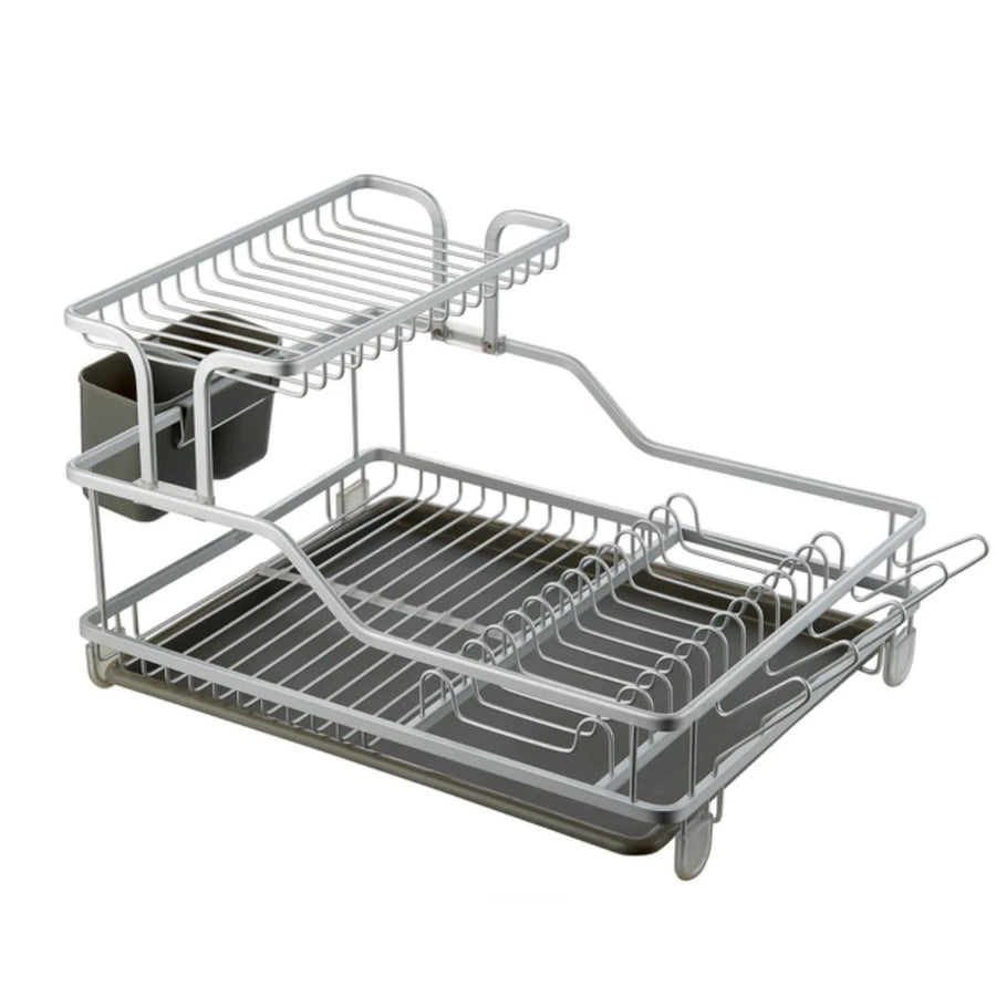 2 Tier Aluminum Dish Drying Rack with Drain Tray and Utensil Holder for Kitchen Countertop