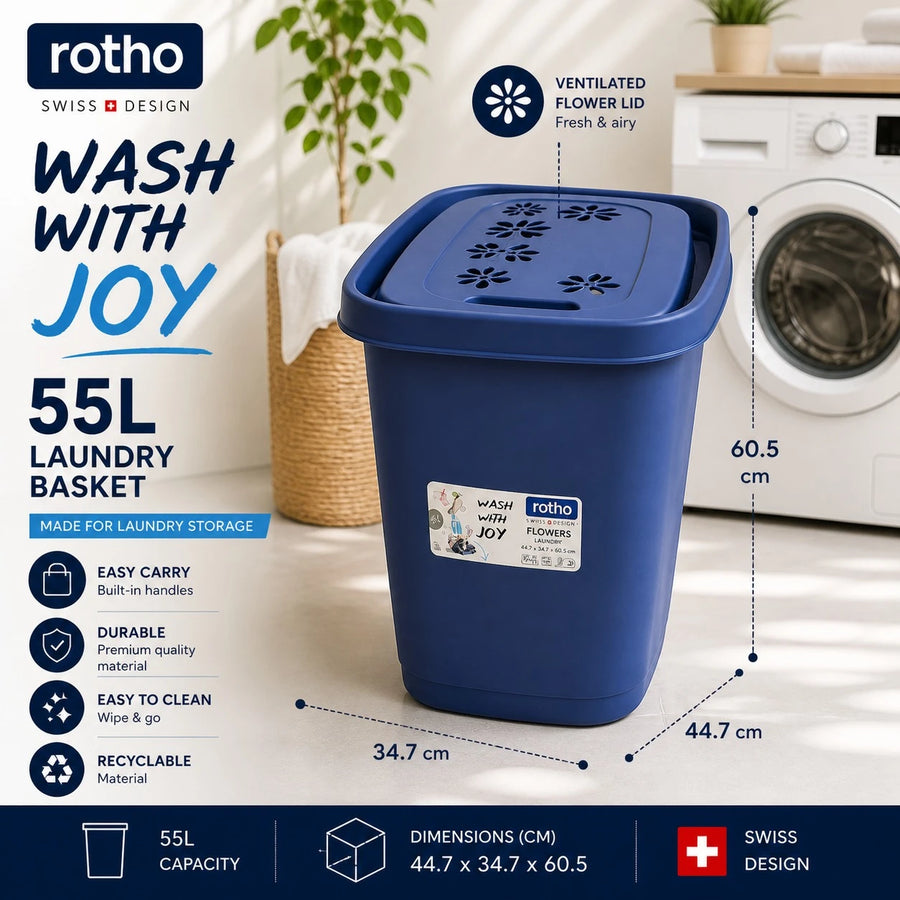 Rotho Wash With Joy Laundry Basket 55L Clothes Hamper Plastic Laundry Bin Storage Basket Ventilated Lid Dirty Clothes Organizer Swiss Design