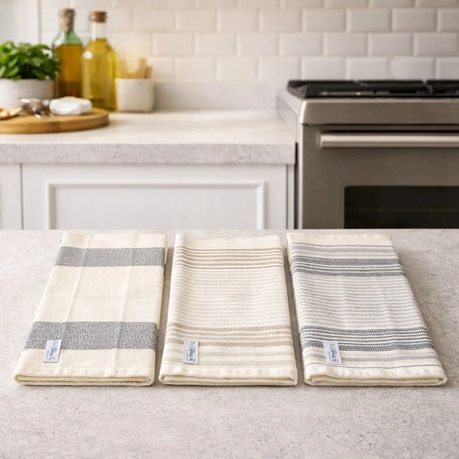 Kitchen Towel Almaamoun Egyptian Cotton Off White Absorbent Dish Drying Cloth Different Designs Patterns Single Piece 80 x 45 cm
