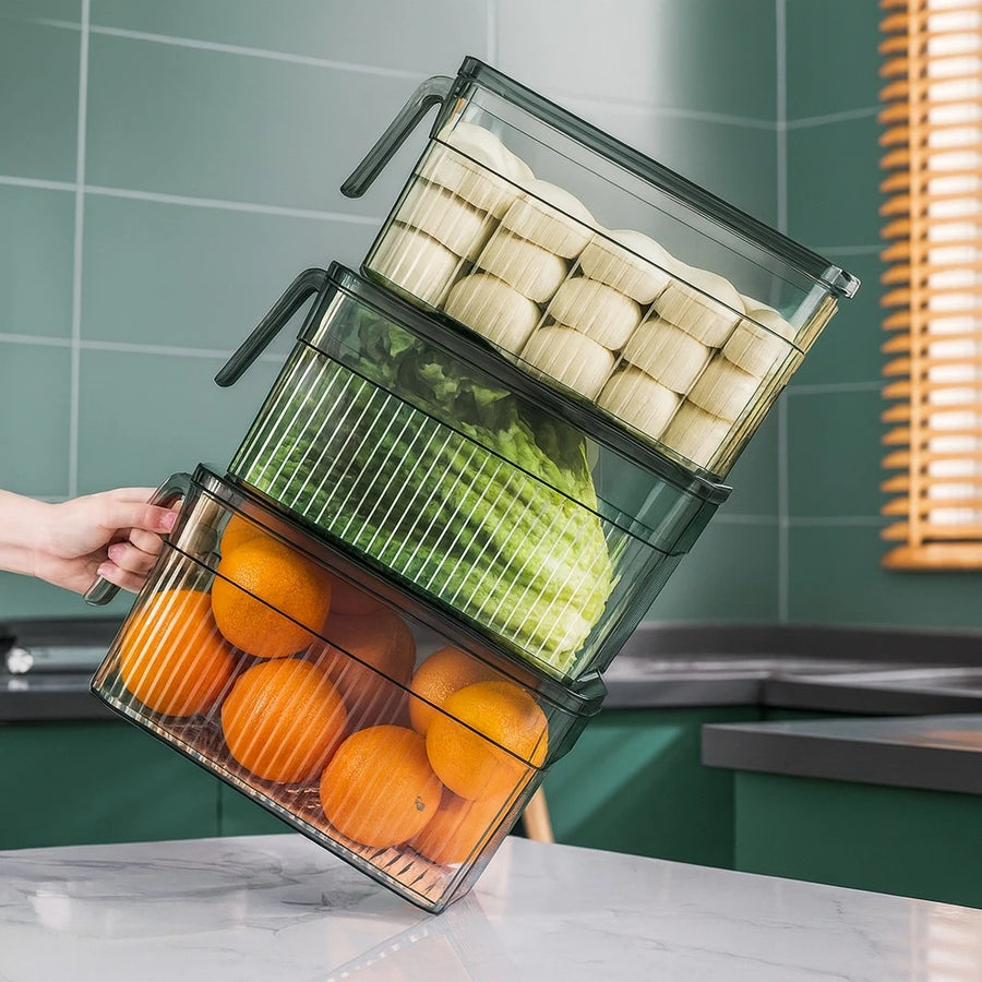 Fresh Keep Storage Drain Container Food Storage Box with Built In Drainer for Fruits Vegetables Fridge and Pantry Use